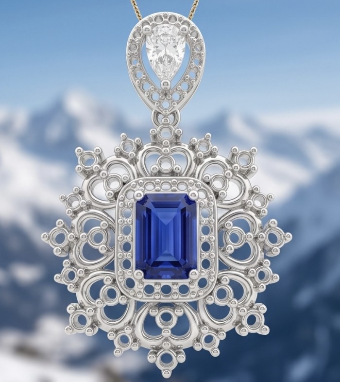 Born to Glam 2.2 carat natural Sapphire .925 Sterling Silver Perfectly handcrafted Pendant - Close-up of sapphire pendant with intricate sterling silver design.