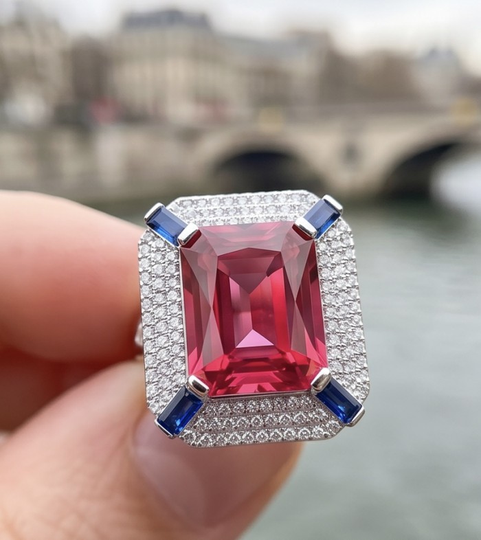 Art Deco 16.6 ctw Ruby .925 Sterling Silver handcrafted Statement Ring size 8 - Close-up of Art Deco ring with ruby and sapphire accents.