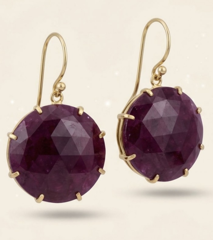 Giovanna Natural 22.2 carat Kasmir Ruby 18K Gold over .925 Sterling Silver handcrafted Statement earrings - Front view of Giovanna natural ruby earrings with gold hooks