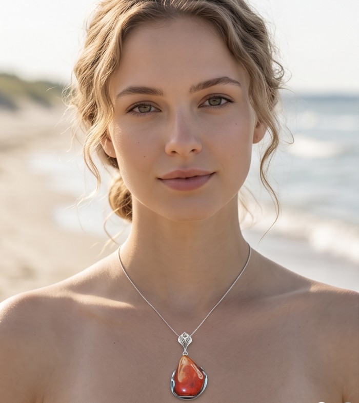 Prehistoric Authentic Golden Baltic Amber .925 Sterling Silver beautifully handcrafted Pendant - Woman wearing Prehistoric Golden Baltic Amber pendant at beach.