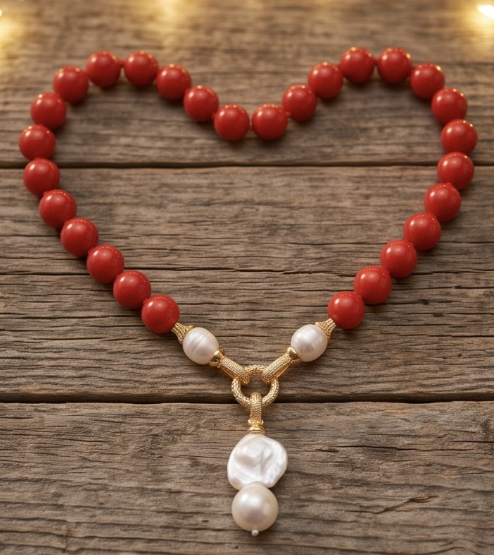 Konstancia Sublime natural Red Fossilized Coral Sterling Silver handmade Necklace - Heart-shaped red coral necklace on wood, front view.