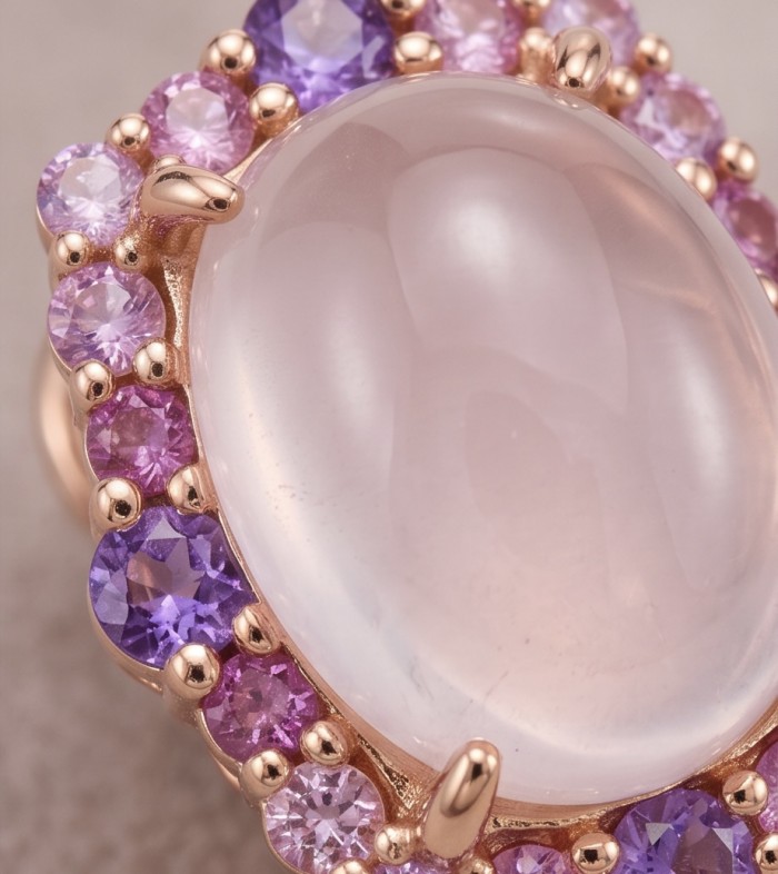 The Love Stone - Authentic 8.9 carat Rose Quartz .925 Sterling Silver luxuriously dipped in 22K Rose Gold handmade earrings - Close-up of rose quartz ring with purple and pink gemstone accents