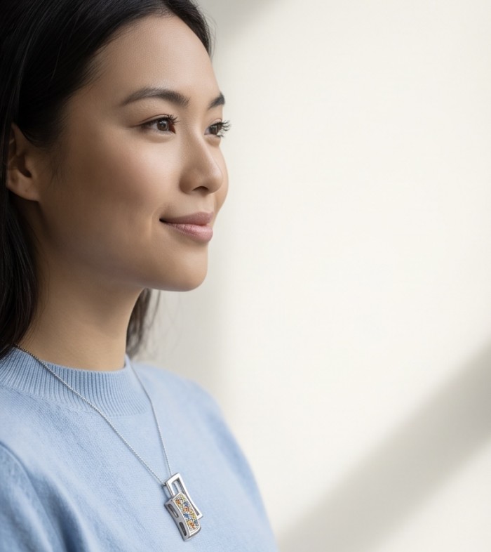Modern Concept authentic 4.8 carat multicolor Sapphire .925 Sterling Silver handmade Pendant - Side view of woman wearing a Modern Concept multicolor sapphire necklace.
