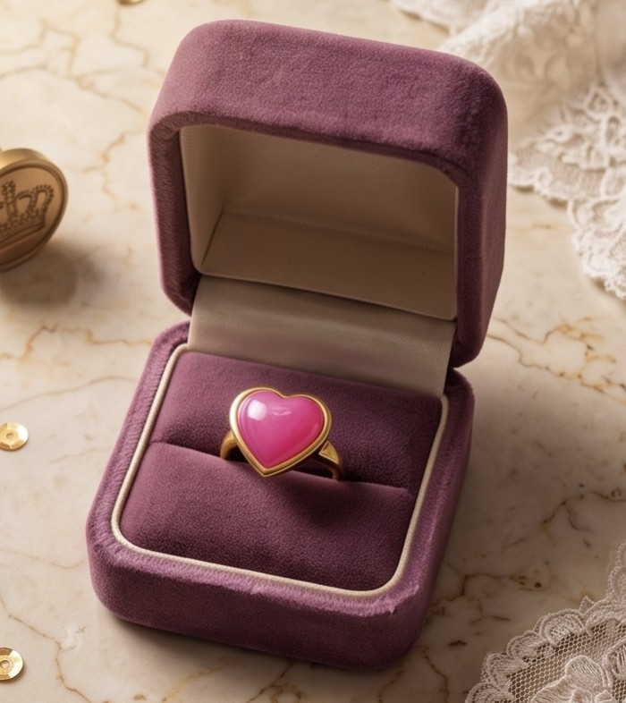 Angel's Heart Natural heart shape 12.7 carat Ruby .925 Sterling Silver dipped in 22K Gold handmade Statement Ring size 6 1/4 - Heart-shaped ruby ring in velvet box, top view.