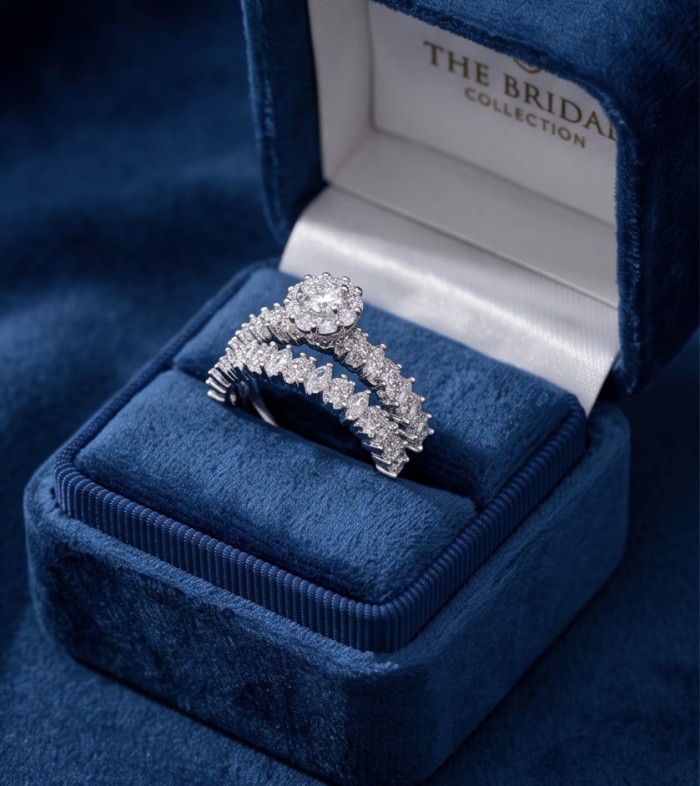 Pure Love Spectacular 7.9 carat White Topaz .925 Sterling Silver stacking ring size 9 - White topaz ring set in box, front view, blue velvet background.