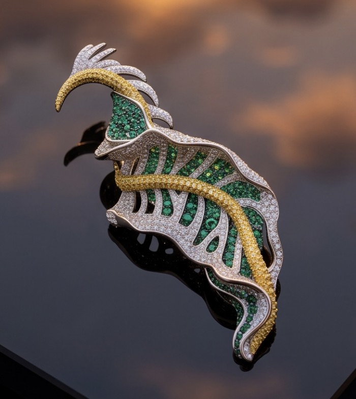 Precious Leaf - 9.5 carat Authentic Colombian Emerald pave 4.2 carat yellow Sapphire .925 Sterling Silver handcrafted Pendant and Brooch - Intricate Precious Leaf brooch with emerald pavé, side view.