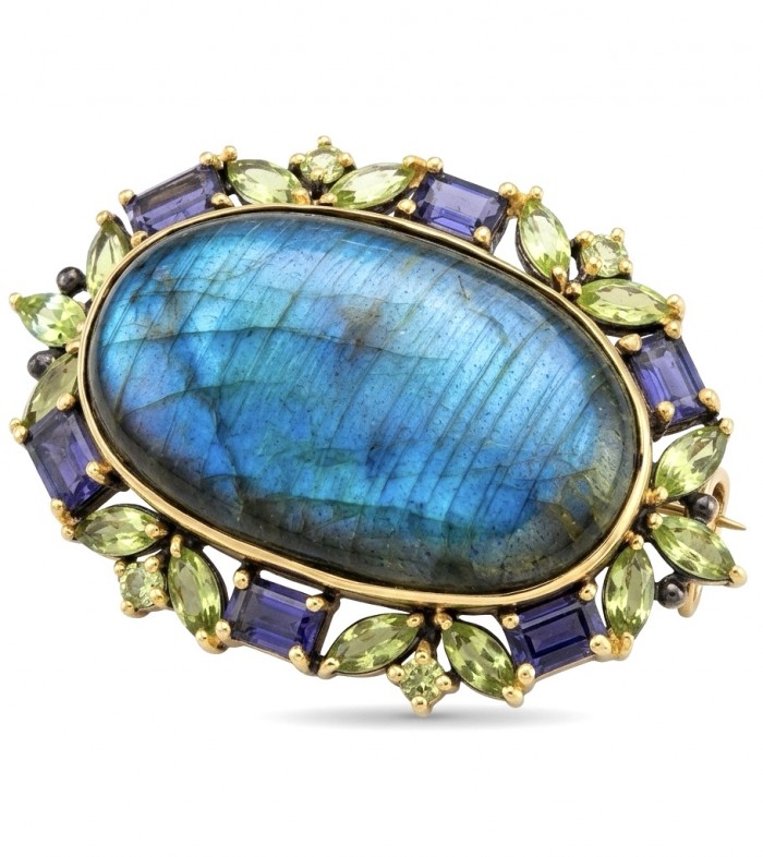 Large - Excellent quality Labradorite black rhodium over .925 Sterling Silver handcrafted Brooch - Labradorite brooch with gems, top view displaying colorful stones.