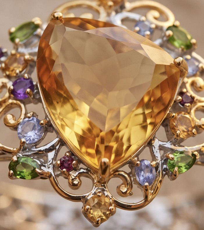 Marie Antoinette's Style - Authentic 28.9 carat Brazilian Citrine .925 Sterling Silver dipped in 18K Gold handcrafted Bracelet - Close-up of gemstone details on decorative jewelry piece