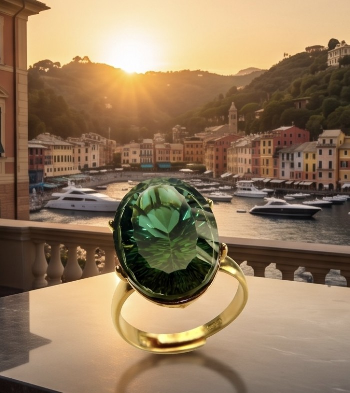 Exotic Beauty oval cut 17.5 carat Helenite .925 Sterling Silver dipped in Real 14k Gold handmade Ring s. 10 adjustable - Close-up of Exotic Beauty ring with 17.5 carat oval Helenite stone