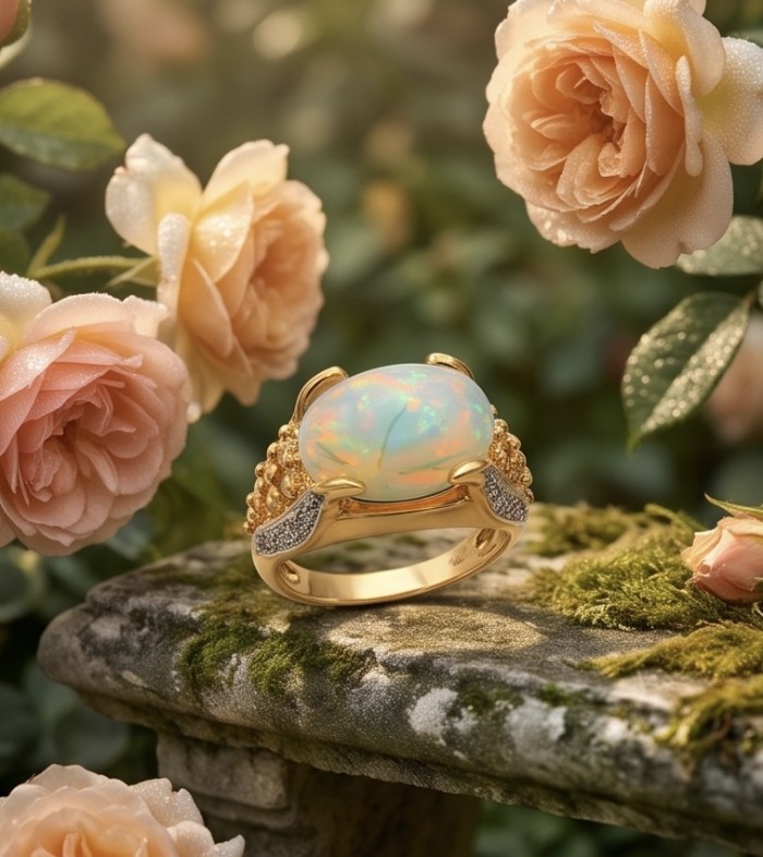 ENDLESS OCEAN 6.8 ctw Genuine Fire Ethiopian Opal 22K Gold over .925 Sterling Silver handmade Ring size 7 - Opal ring in garden setting with roses, close-up of stone and details