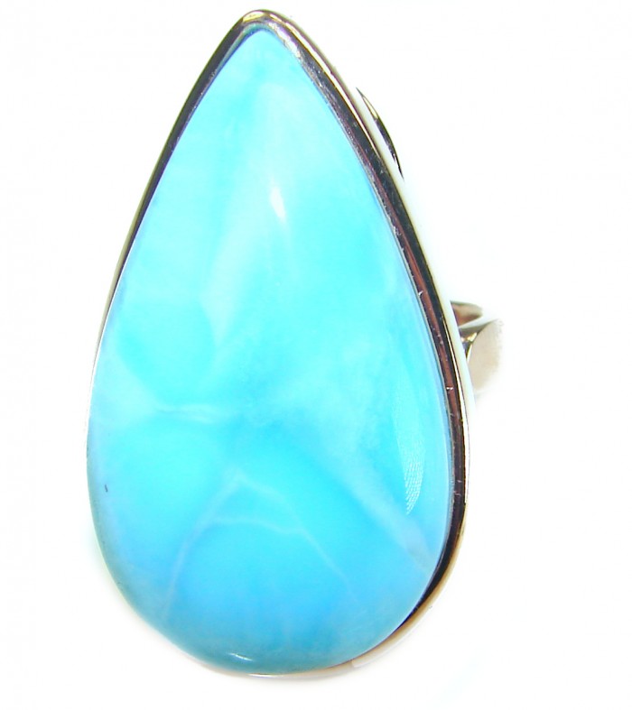 Blue Perfection AAA QUALITY Blue Larimar 18K Rose Gold over .925 Sterling Silver handmade Large ring size 7 adjustable - Close-up of teardrop-shaped blue larimar ring in rose gold setting.