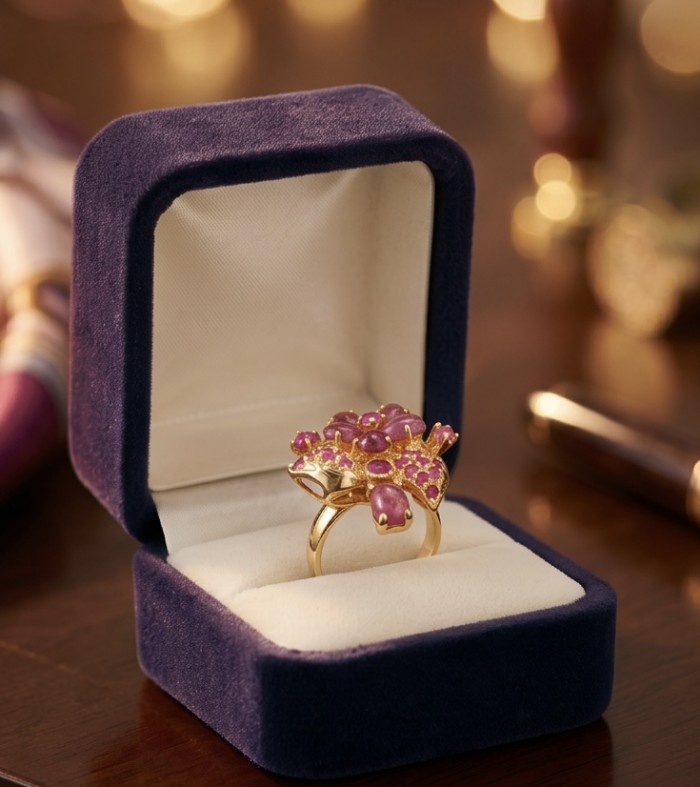 Bella Rosa Genuine 7.5 CARAT Ruby 22k Gold over .925 Sterling Silver Statement Ring size 8 1/4 - Ruby ring in blue velvet box, top view highlighting stones and design