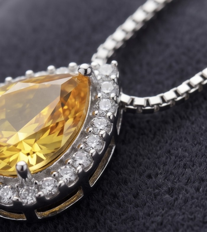 Angel Whisper Necklace ~ 9.7 Ct Yellow Sapphire Necklace In 925 Sterling Silver necklace - Close-up of yellow sapphire necklace with diamond accents.