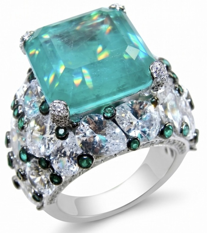 Scarlett 39.7 ctw Colombian Emerald .925 Sterling Silver dipped in 18K WHITE Gold handcrafted Statement Ring size 8 1/4 - Close-up of Scarlett Colombian emerald ring with silver and gems.