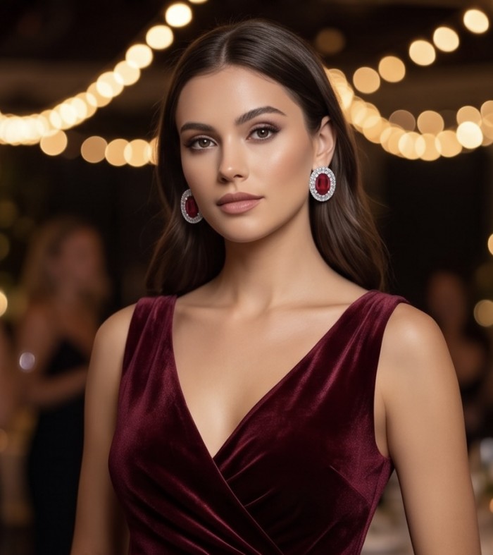 Natural 1.5 carat Mozambique Ruby .925 Sterling Silver Handcrafted Earrings - Woman wearing ruby and silver earrings in a glamorous setting.