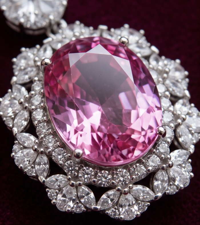 Tiffany Incredible oval cut 20.4 carat Pink Sapphire .925 Sterling Silver handcrafted pendant - Close-up of pink sapphire surrounded by diamonds on velvet background.