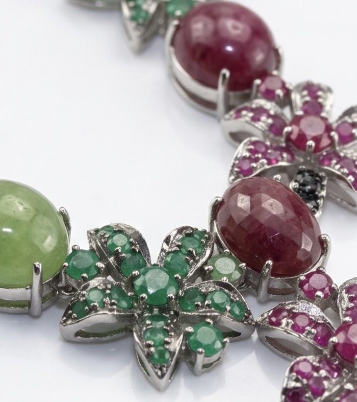 Isabella - Beauty of Nature natural 155.5 carat Ruby Green Tourmaline Rhodium over .925 Sterling Silver handmade Statement necklace - Stone close-up of Isabella necklace with ruby and green gemstones