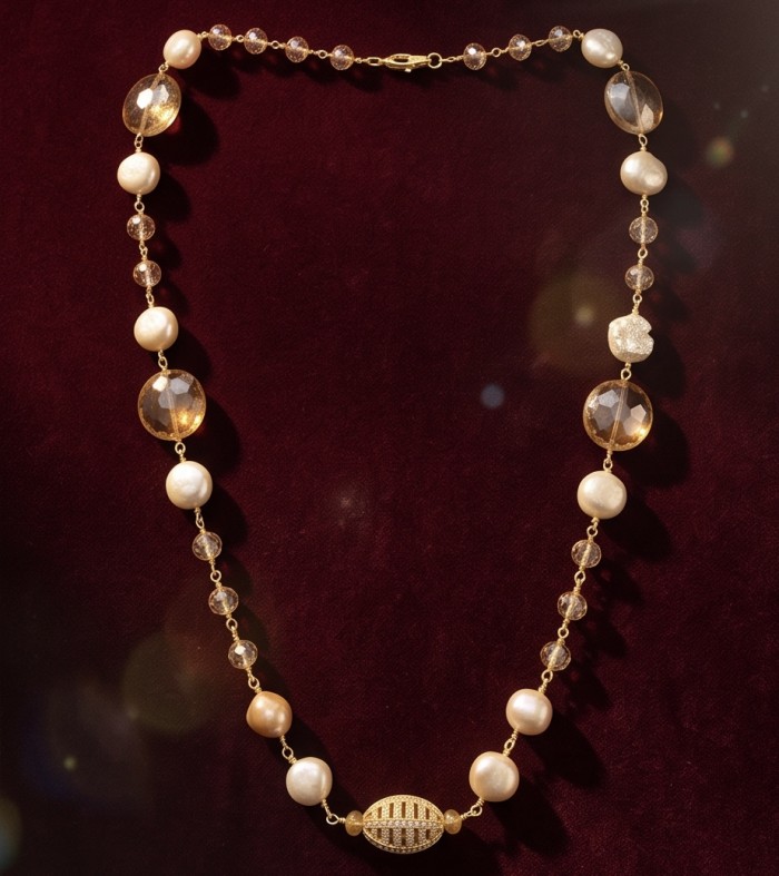 Incredible 34 inches long Red Topaz 10K Gold over .925 Sterling Silver handmade Necklace - Elegant necklace with pearls and red topaz on velvet background.