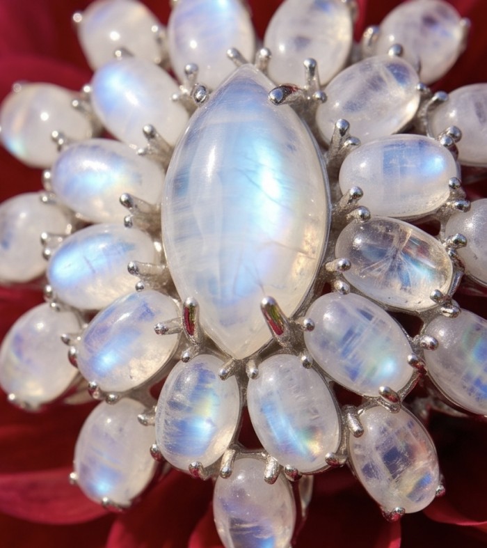 Large Blue Cascade 29.5 carat Rainbow Moonstone rhodium over .925 Sterling Silver handmade ring s. 8 - Close-up of Rainbow Moonstone jewelry with silver setting detail.