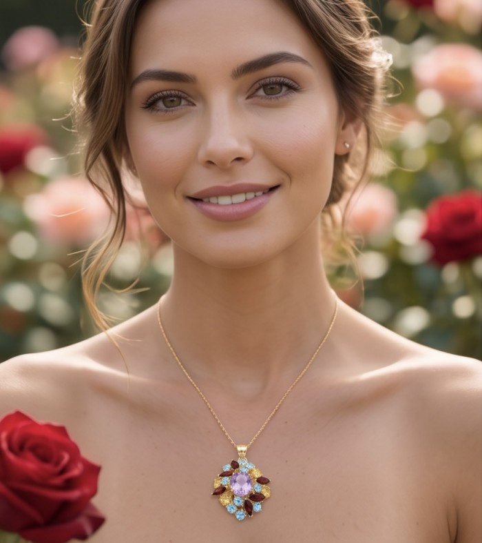 Giuseppina - Authentic 28.1 carat Amethyst 18k Gold over .925 Sterling Silver handcrafted Statement Pendant - Woman wearing Giuseppina necklace in garden, frontal view.