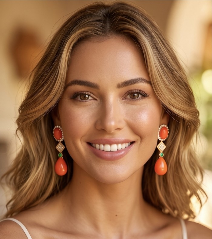 Queen of the Sea Genuine Orange Fossilized Coral 18k Gold over .925 Sterling Silver handmade earrings - Woman wearing Queen of the Sea orange coral earrings, front view.