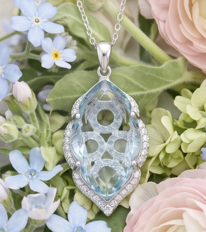 11.7 carat Grandidierite .925 Sterling Silver Handcrafted .925 Sterling Silver handmade Pendant - Grandidierite pendant in floral setting, front view close-up.