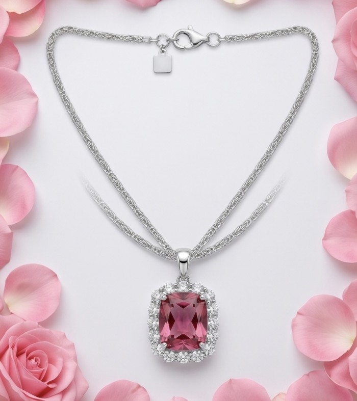 Authentic 12.2 CARAT Raspberry Pink Topaz .925 Sterling Silver handmade Necklace - Necklace with pink topaz pendant and diamond halo, surrounded by petals.