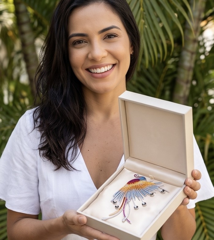 Large Precious Phoenix Natural 10.8 carat PAVE Multigem Rhodium over .925 Sterling Silver handcrafted Brooch - Woman holding jewelry box displaying Precious Phoenix multigem piece