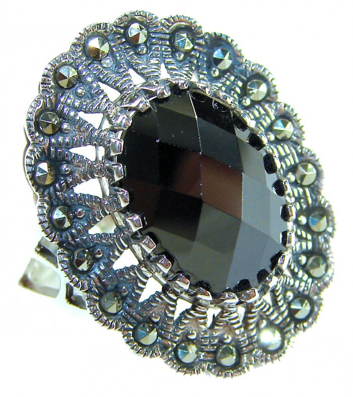 Roxanna - Huge 12.5 carat Black Onyx .925 Sterling Silver handcrafted ring; s. 8 - Close-up of Roxanna ring with black onyx and sterling silver detailing.