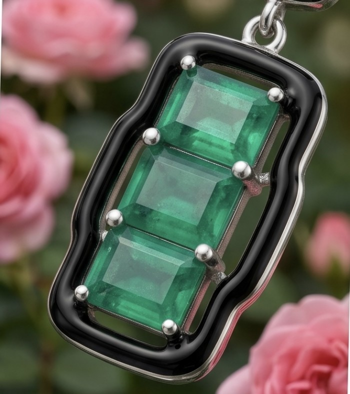 Art Deco 8.2 carat Colombian Emerald .925 Sterling Silver handcrafted Statement earrings - Close-up of Art Deco sterling silver pendant with emerald stones.