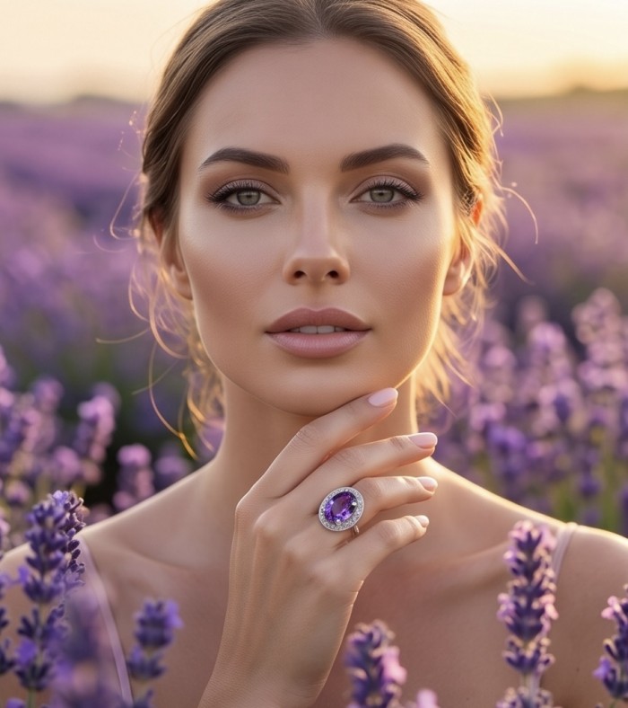 Purple Symphony 15.5 carat natural Amethyst rhodium over .925 Sterling Silver Handcrafted Ring size 8 adjustable - Amethyst ring worn on hand in a lavender field, side view.