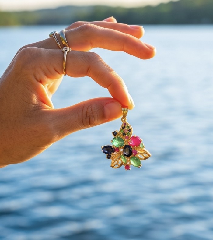 Charming Beauty 10.4 ctw Ruby Emerald Sapphire 22K Gold over .925 Sterling Silver handcrafted Statement pendant - Hand holding Charming Beauty pendant over water background.