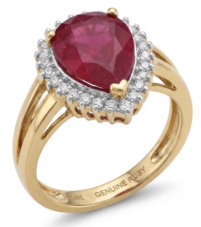 Scarlett - great quality! 12.4 ctw Mozambique Ruby .925 Sterling Silver dippedin 22K Gold handcrafted Statement Ring size 6 - Close-up of a gold ring with pear-shaped ruby and diamond accents.