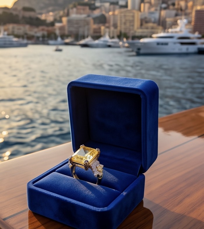 Real Art! - Luxurious bauqette cut 21.9 carat Yellow Sapphire .925 Sterling Silver rhodium over handcrafted Ring s. 8 1/4 - Yellow sapphire ring in blue box, waterfront background.