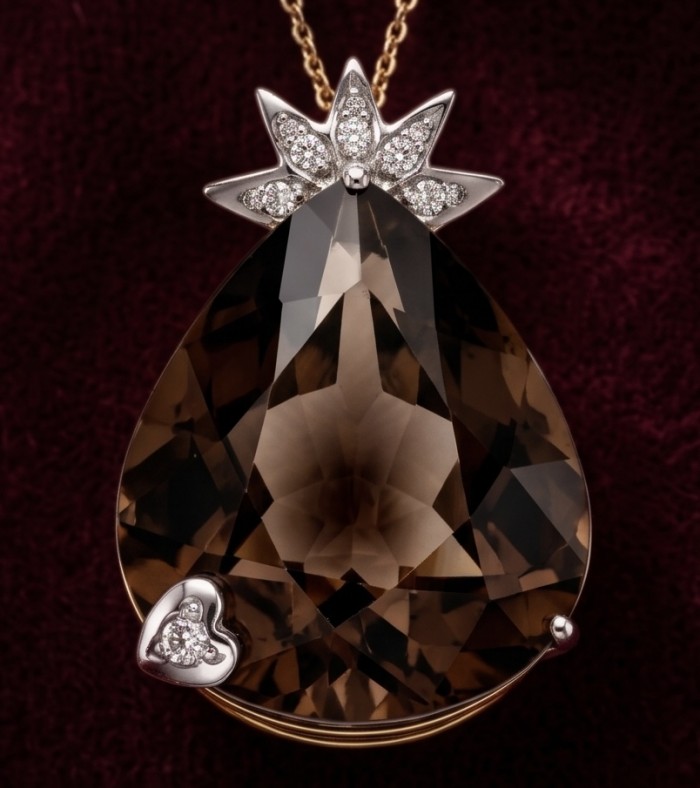 25.2 carat Brazilian Smoky Topaz .925 Sterling Silver dipped in black Rhodium handmade Pendant - Close-up of Brazilian Smoky Topaz pendant with sterling silver details
