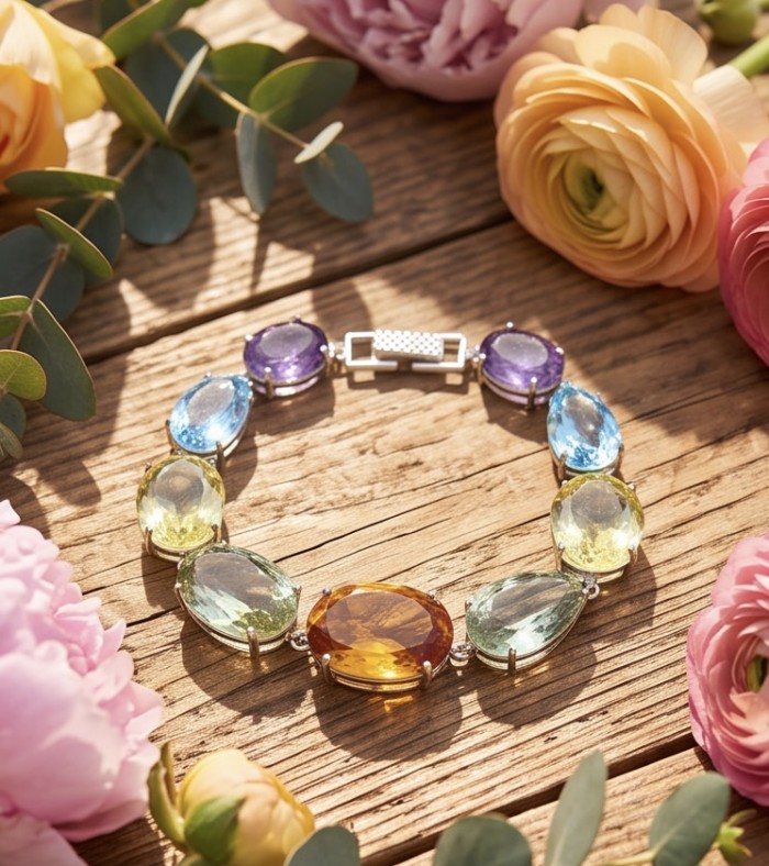 Tutti Frutti 245.5 CARAT MULTIGEM Rhodium over .925 Sterling Silver brilliantly handcrafted Bracelet - Tutti Frutti multigem bracelet on wood surrounded by flowers, top view.