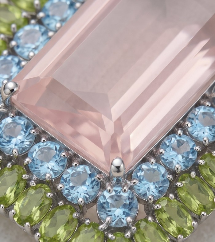 Vintage style Beauty genuine baquette cut 18.5 carat Brazilian Rose Quartz rhodium over .925 Sterling Silver handmade Pendant - Brooch - Close-up of vintage style gemstone jewelry with blue and green accents