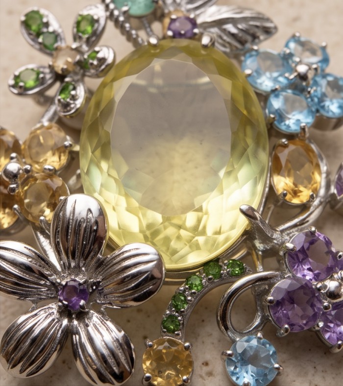 Timeless Beauty genuine 45.2 CARAT Lemon Topaz .925 dipped in Rhodium Sterling Silver handmade Pendant Brooch - Close-up of Timeless Beauty Lemon Topaz with floral gemstone details.