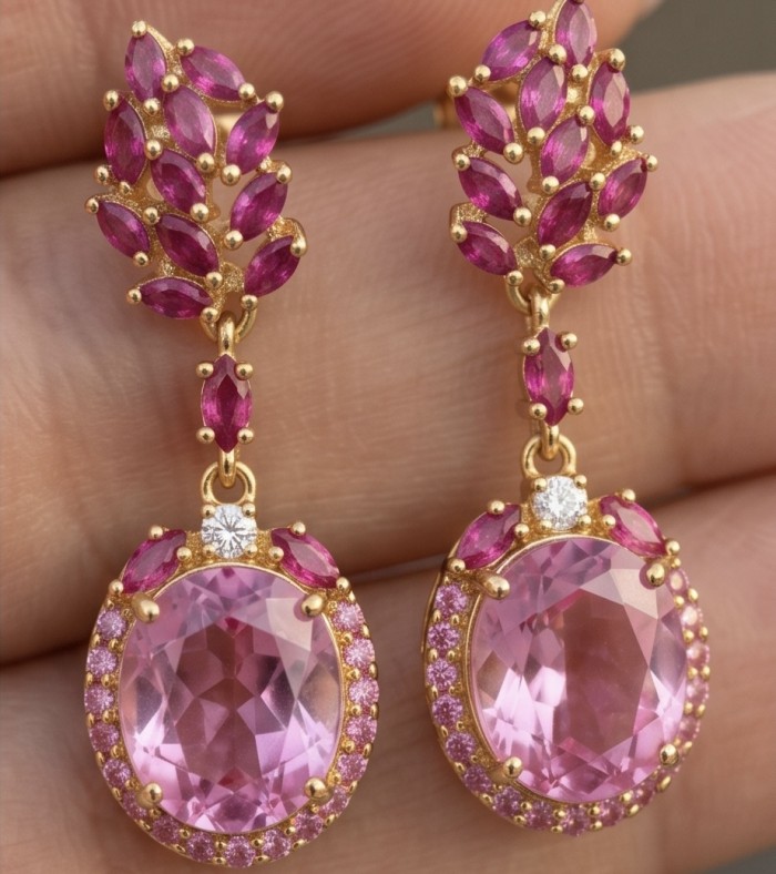Isabella - 8.9 carat natural Pink Tourmaline Mozambique Ruby 18K Gold over .925 Sterling Silver handmade Statement earrings - Pink tourmaline earrings close-up with marquise and round stones.