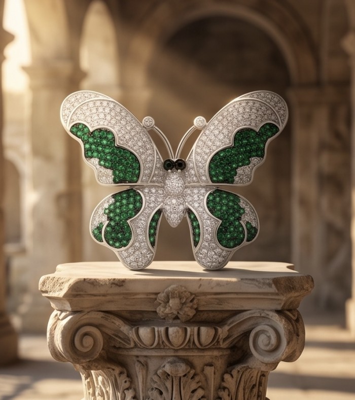 Precious Butterfly Genuine pave 6.5 carat Emerald .925 Sterling Silver handmade LARGE Statement Ring size 6 1/2 - Butterfly brooch front view with emeralds on ornate pedestal.