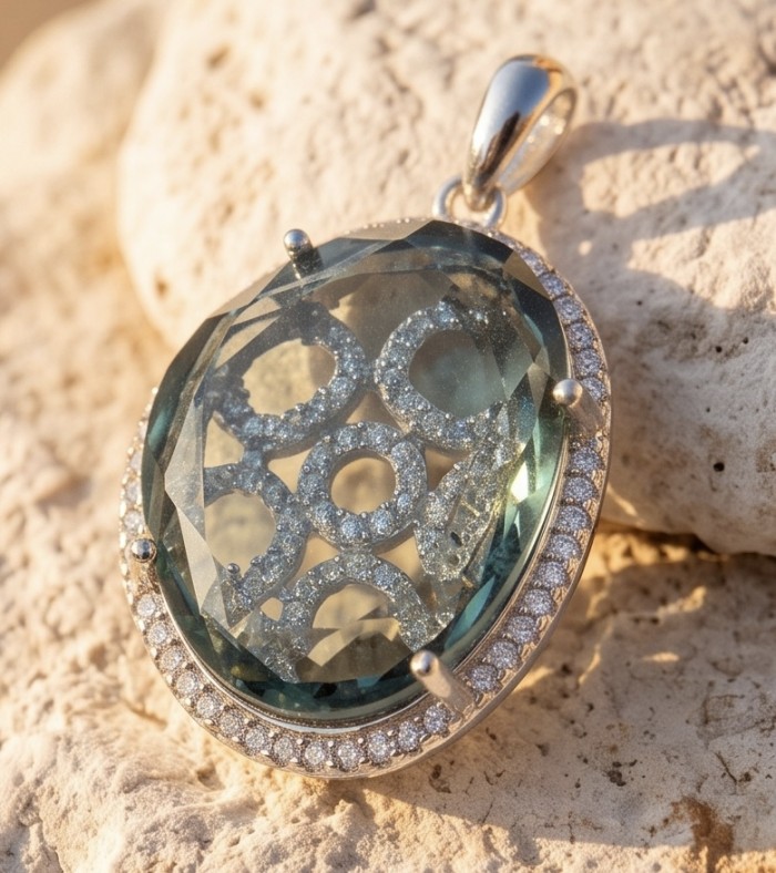 Mystery 17.4 carat Grandidierite .925 Sterling Silver Handcrafted Pendant - Close-up of a 17.4 carat Grandidierite pendant on stone background