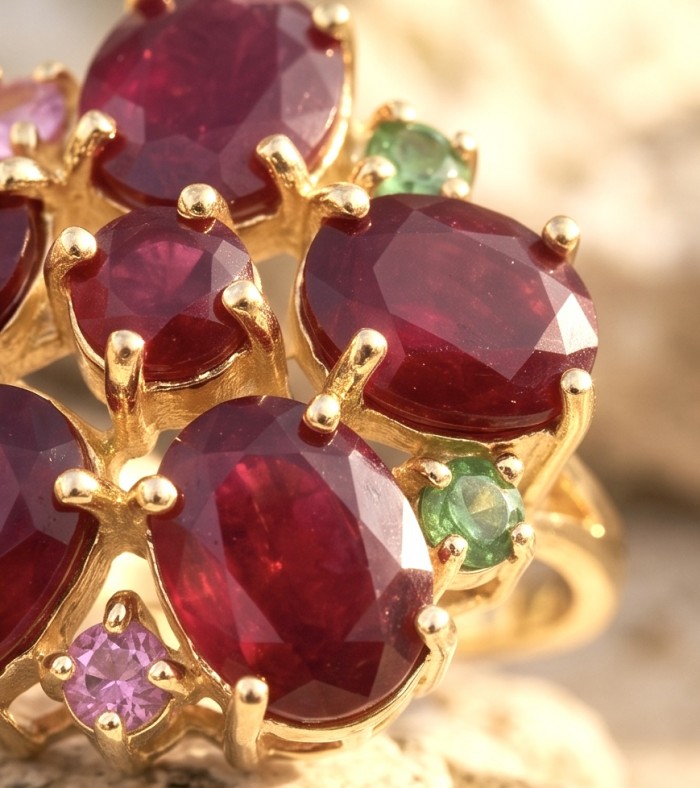 Blooming Garden Genuine 24.5 carat Kashmir Ruby .925 Sterling Silver dipped in 22K Gold Large Statement Ring size 7 1/4 - Close-up of Blooming Garden 24.5 carat Kashmir Ruby ring with gold setting