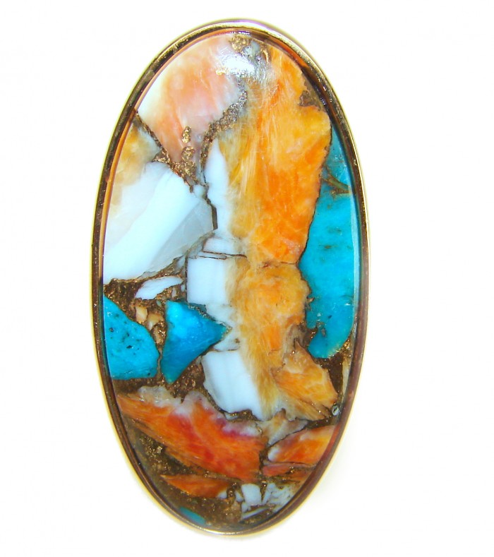 Rare 30.5 carat Oyster Turquoise 18K Gold over .925 Sterling Silver handcrafted Large ring; s. 8 adjustable - Close-up of 30.5 carat Oyster Turquoise set in 18K Gold over Sterling