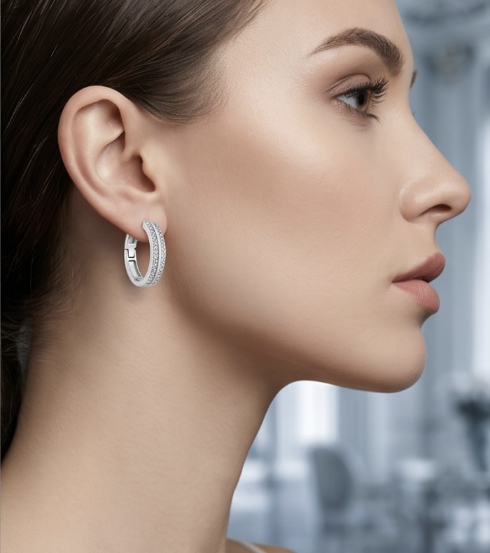 Allure Natural 2.2 carat White Topaz .925 Sterling Silver handcrafted hoop earrings - Side view of person wearing Allure White Topaz Sterling Silver earring