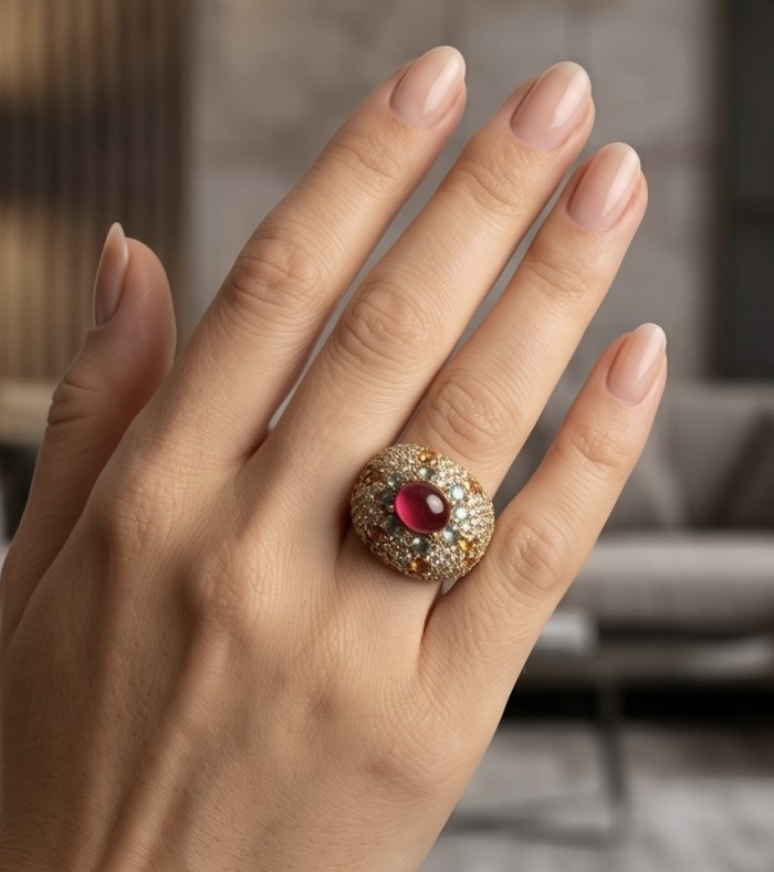 Blooming Garden Natural 10.8 carat Mozambique Ruby rhodium over .925 Sterling Silver handmade Statement Ring size 7 - Mozambique Ruby ring worn on hand, showcasing stone detail.