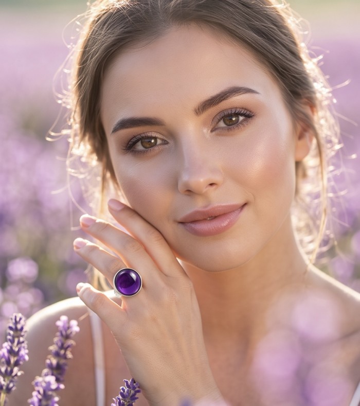 Top quality 24.4 carat Amethyst .925 Sterling Silver dipped in rhodium Handcrafted Large Ring size 8 - Amethyst ring worn on hand in a lavender field, close-up view.