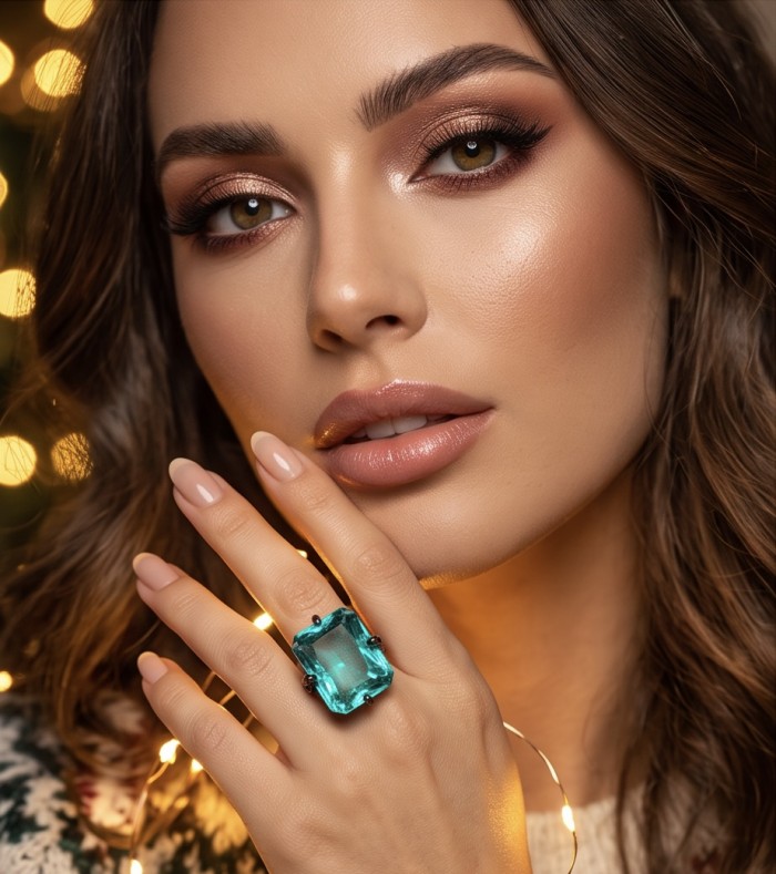 Authentic 24.1 carat Aquamarine Black rhodium over .925 Sterling Silver Handcrafted Ring size 7 - Aquamarine ring close-up, worn on hand with bokeh lights in background.