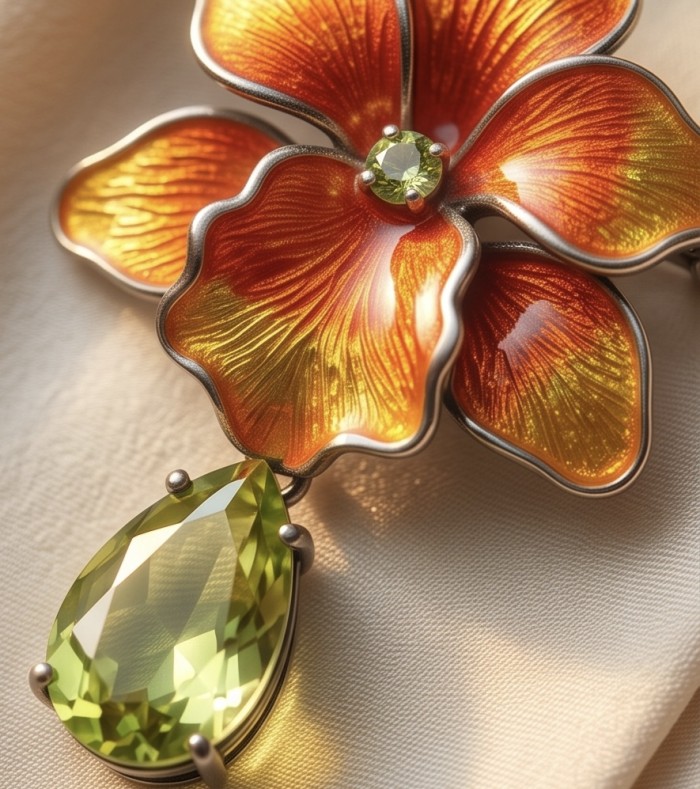 Luxurious Peacock genuine 22.5 carat Citrine Enamel rhodium over .925 Sterling Silver handmade Pendant - Brooch - Close-up of enamel flower with green gemstone pendant.