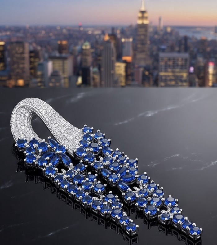 Genuine 3.5 carat Sapphire rhodium over .925 Sterling Silver dipped in rhodium handmade Pendant - Elegant sapphire brooch on a cityscape background, angled view