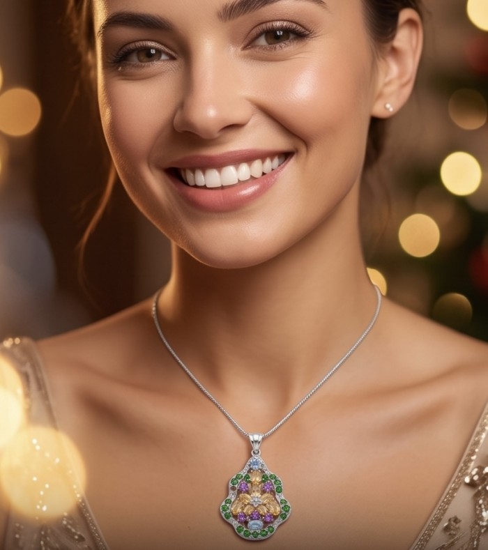 Giovanna - Authentic 18.9 carat Brazilian Citrine .925 Sterling Silver dipped in rhodium handcrafted Statement Pendant - Close-up of woman wearing the Giovanna Brazilian Citrine necklace.